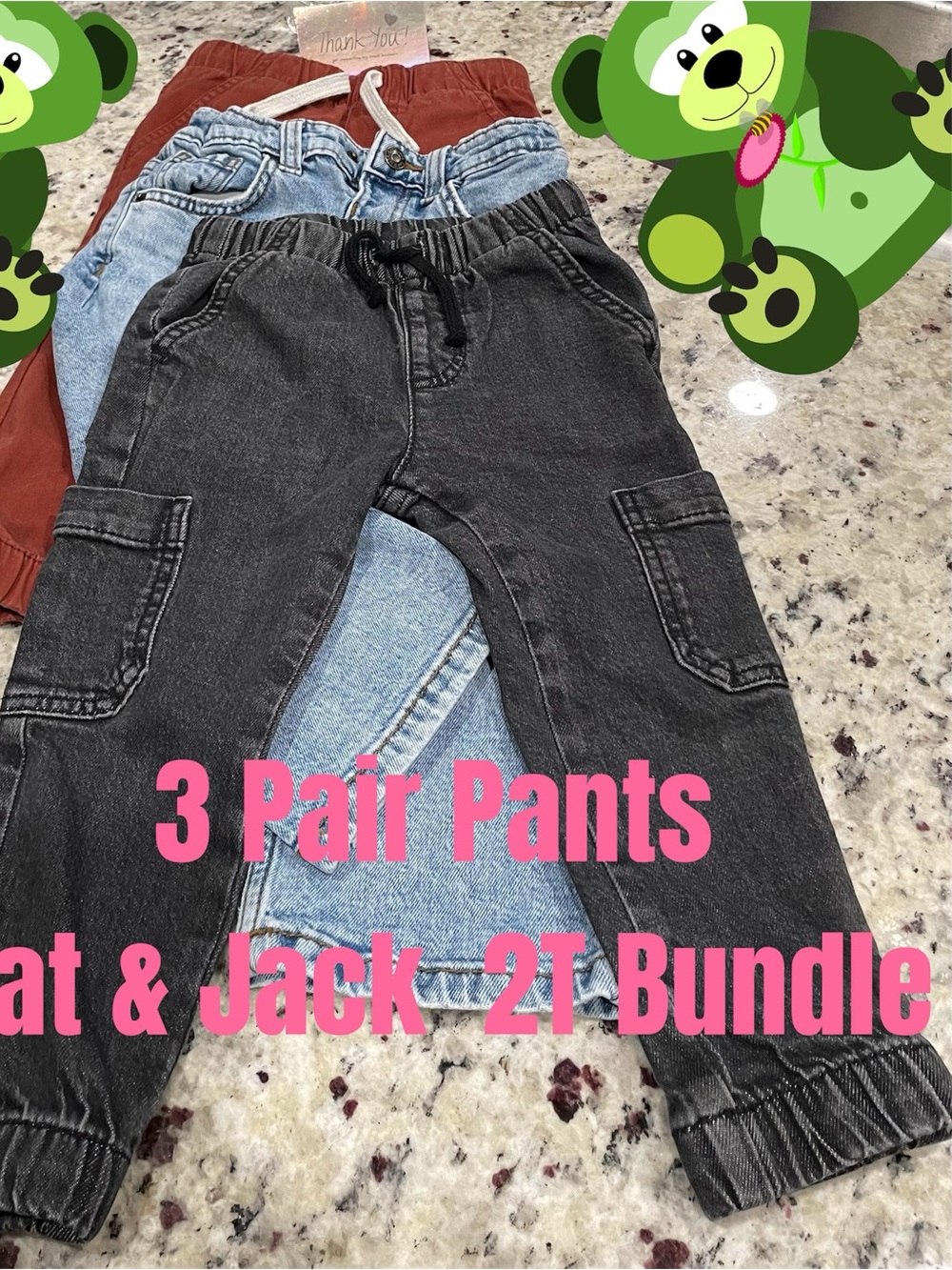 Cat & Jack 3 piece bundle of 2 Toddler pants both jeans & cargo Elastic waist